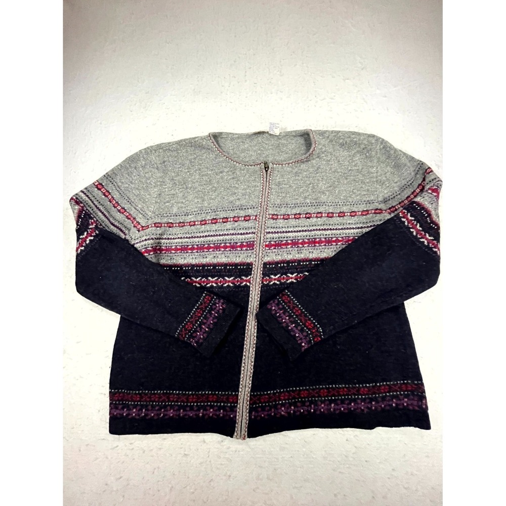 Vintage NorthCrest Cardigan Sweater Womens L(14-16) Multi Fair Isle Nordic Zip